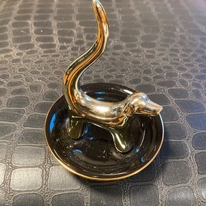 Vintage porcelain Daschund gold ring holder dish black and gold
